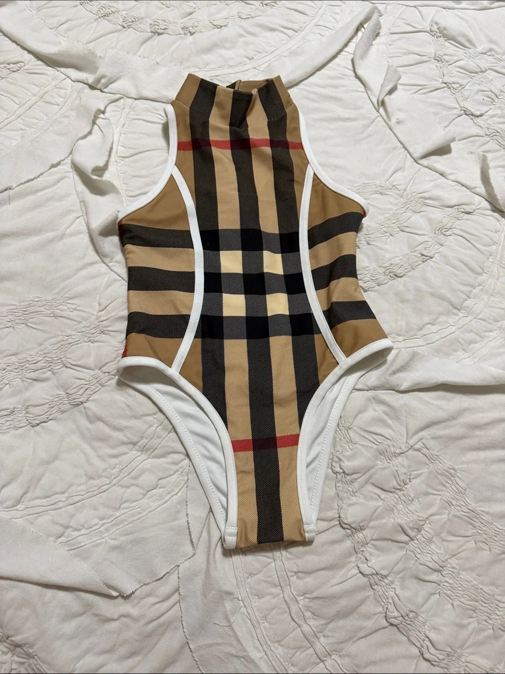 Burberry Beige, Black & Red Check High-Neck Kids One-Piece Swimsuit - Picture 1 of 6